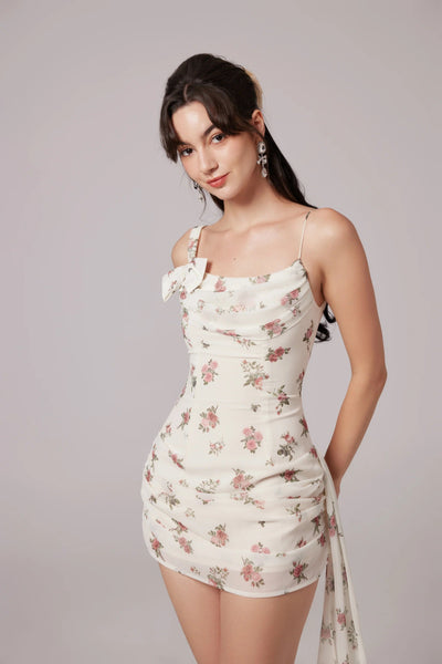 Roseeta Tea Rose Floral Print Asymmetric Streamer Mini Dress