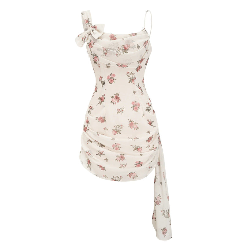 Roseeta Tea Rose Floral Print Asymmetric Streamer Mini Dress