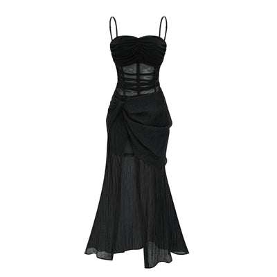 Guinevere Black Sheer Asymmetric Midi Dress