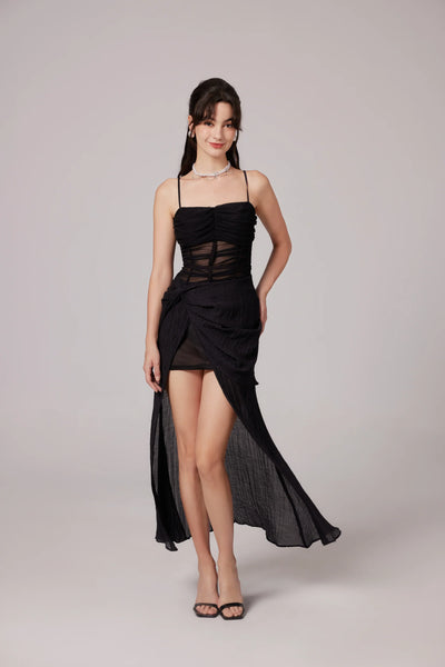 Guinevere Black Sheer Asymmetric Midi Dress