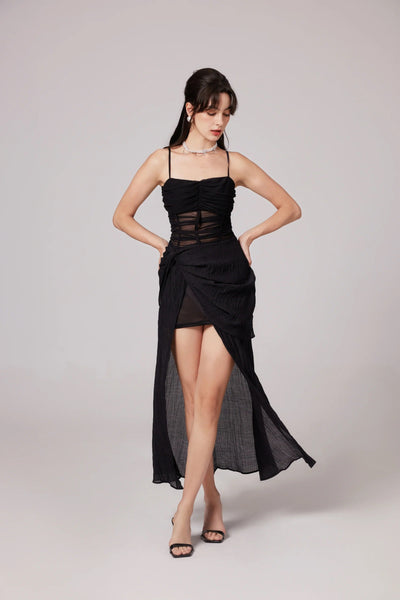 Guinevere Black Sheer Asymmetric Midi Dress