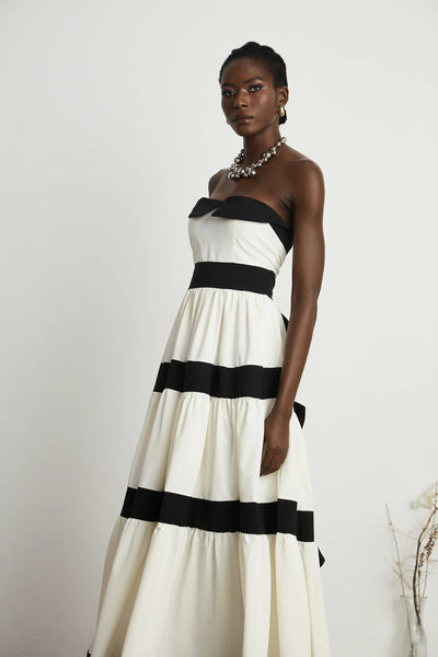 Sandrine White Contrast Pleated Bow-embellished Maxi Dress