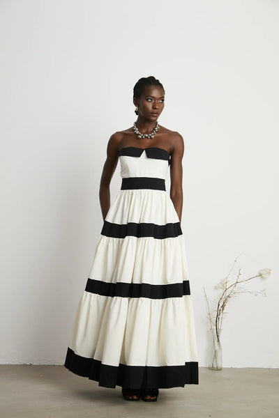 Sandrine White Contrast Pleated Bow-embellished Maxi Dress