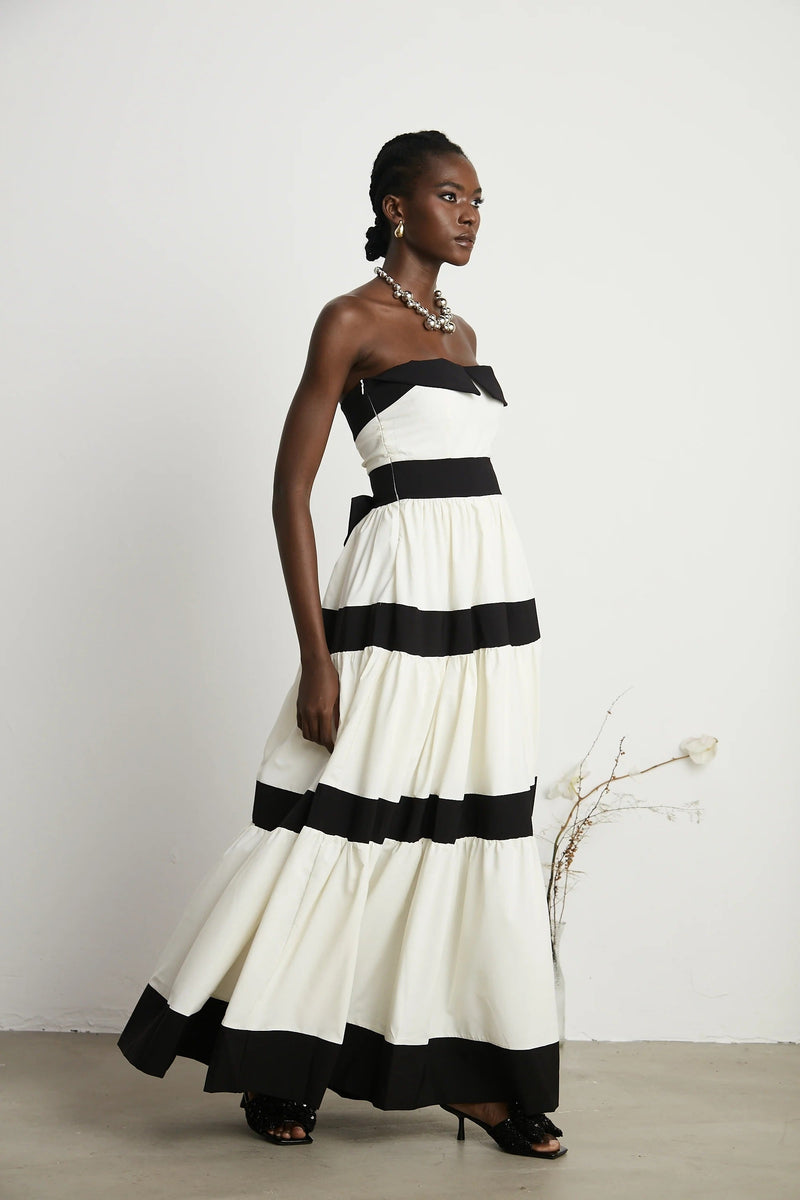 Sandrine White Contrast Pleated Bow-embellished Maxi Dress