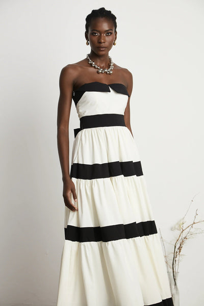 Sandrine White Contrast Pleated Bow-embellished Maxi Dress