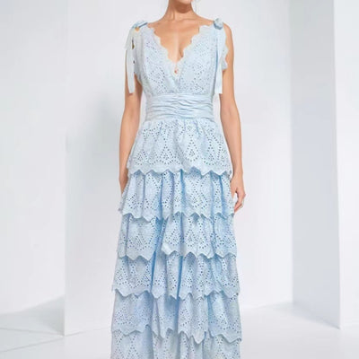 Malcom Arctic Blue Layered Lace-trim Cut-out Midi Dress