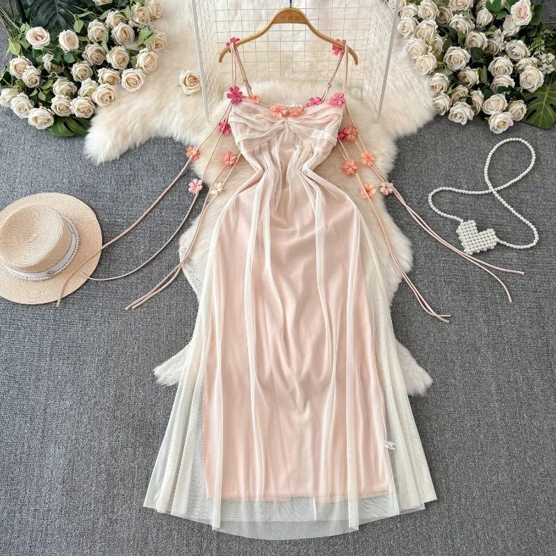 Somerset Nude Pink Floral-Appliqué Strap  Midi Dress