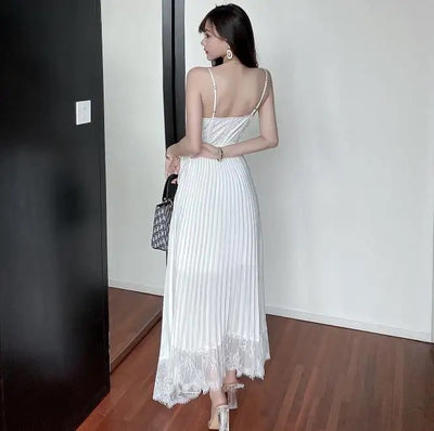 Nerizza White Deep V Neck Halter Lace Pleated Maxi Dress