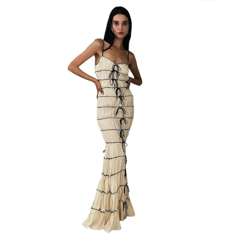 Tersia Beige Lace up Pleated Maxi Dress