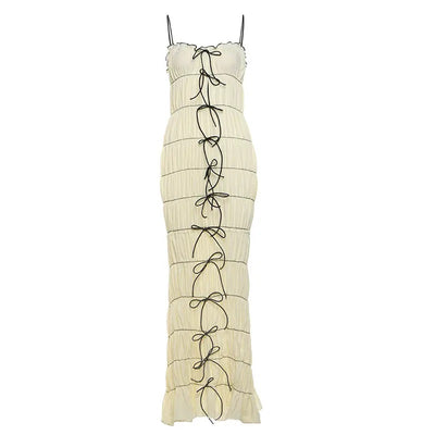 Tersia Beige Lace up Pleated Maxi Dress