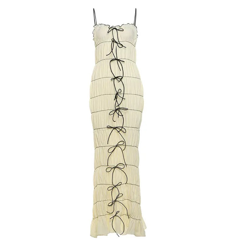 Tersia Beige Lace up Pleated Maxi Dress