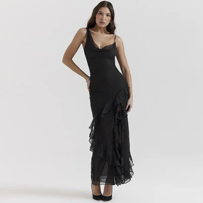 Condora Black Asymestric Ruffles High Slit Maxi Dress