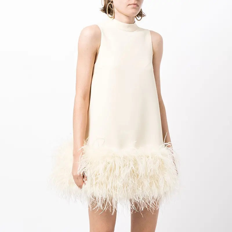 Olympia White Feather Stitching Mini Dress