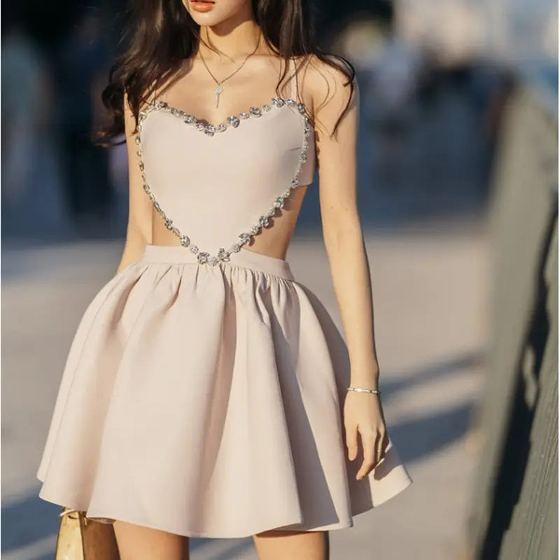 Stacie Nude Pink Beaded Sweet Heart Hollowout Mini Dress