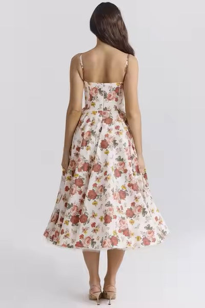 Viola Multicolor Floral Print  Bustier Flowy A Line Midi Dress