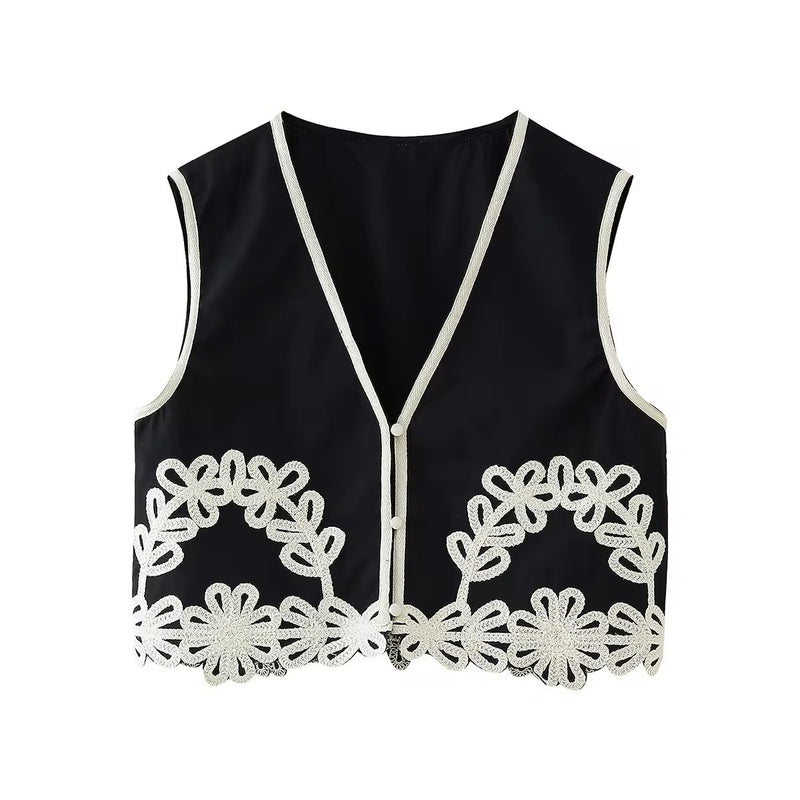 Talitha Black V - Neck Embroidery Waistcoat Vest