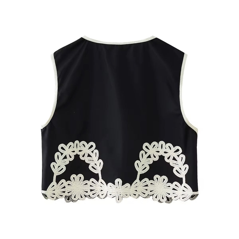 Talitha Black V - Neck Embroidery Waistcoat Vest