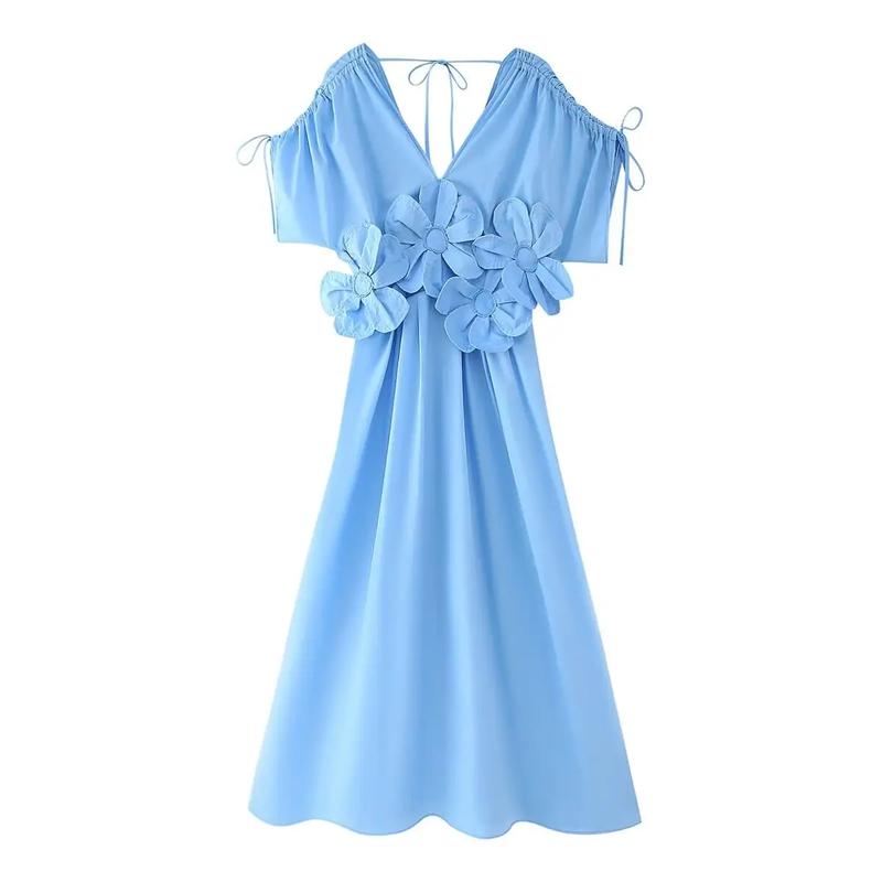 Bree Light Blue V Neck Elastic Waist With Flower Details Midi Dress