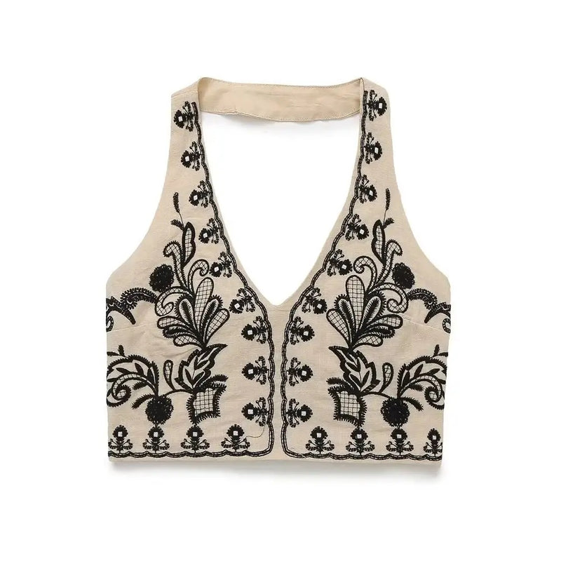 Quica Khaki Floral Embroidery Halter Neck Crop Tank Top