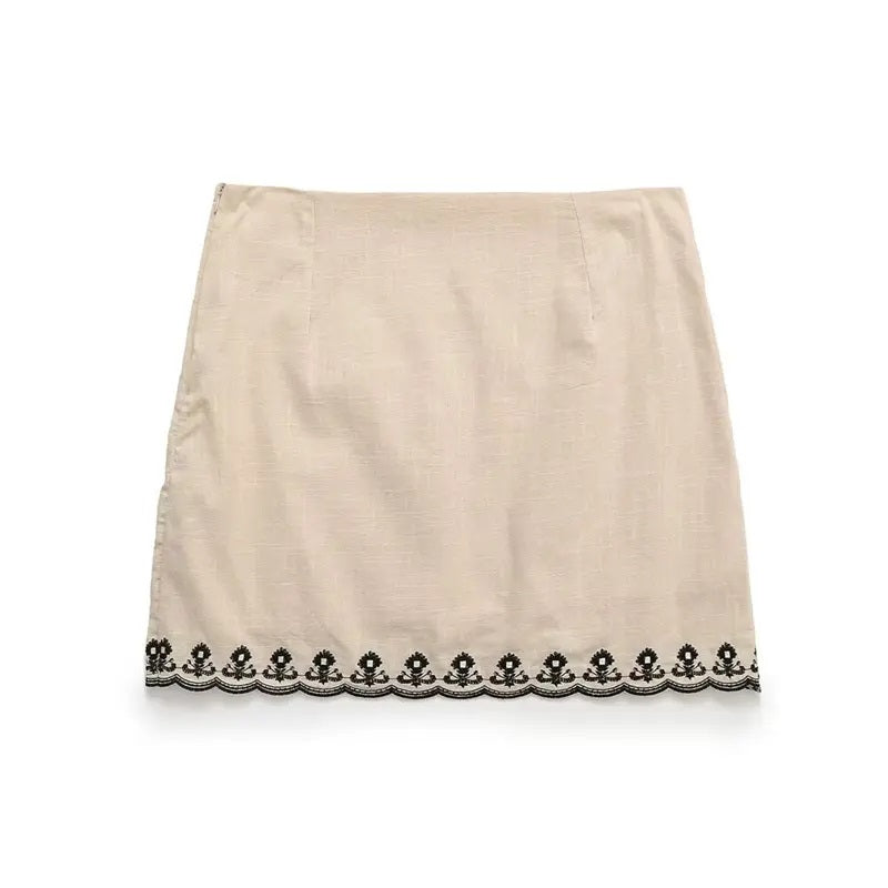 Quimpy Khaki Floral Embroidery Mini Skirt