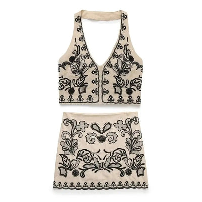 Quica Khaki Floral Embroidery Halter Neck Crop Tank Top