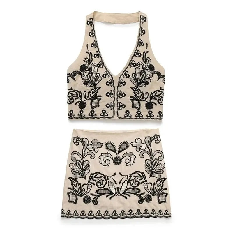 Quica Khaki Floral Embroidery Halter Neck Crop Tank Top