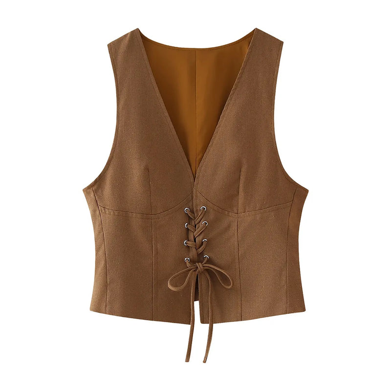 Novelli Wood Brown V Neck Front Lace Up Vest Top