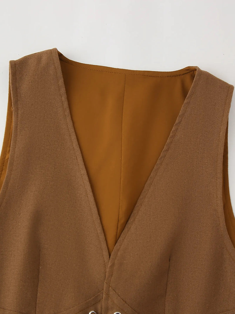 Novelli Wood Brown V Neck Front Lace Up Vest Top