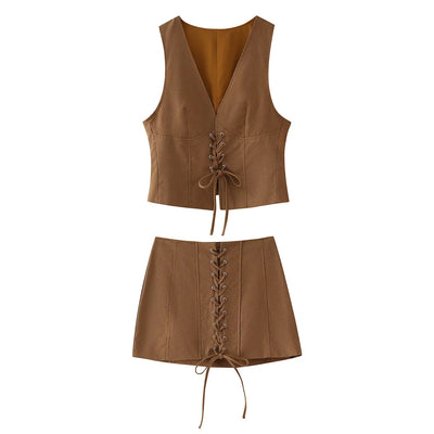 Novelli Wood Brown V Neck Front Lace Up Vest Top