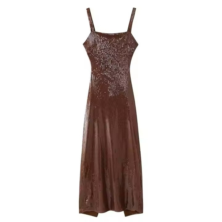 Fleata Wood Brown Beaded Back Hollow Out Sequin Midi Dress