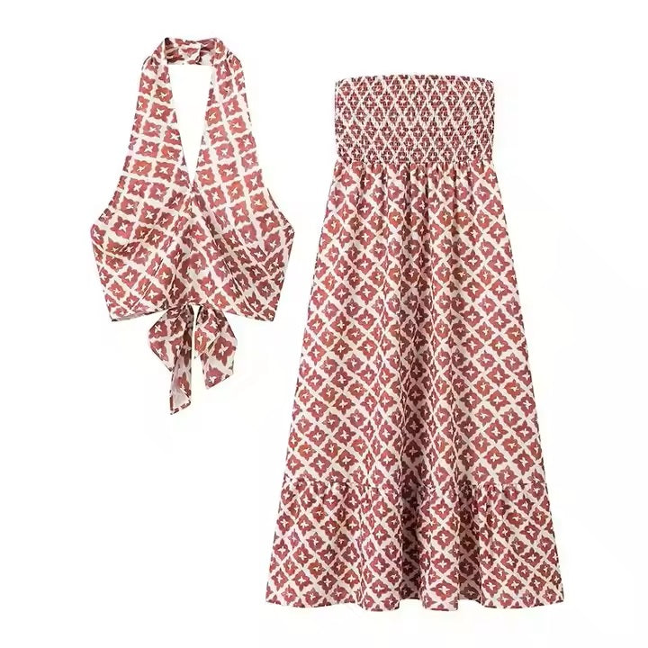 Aphrodite Red Floral Print Bow Tie Back Hollow Out Tank Top Maxi Skirt 2 Piece Set