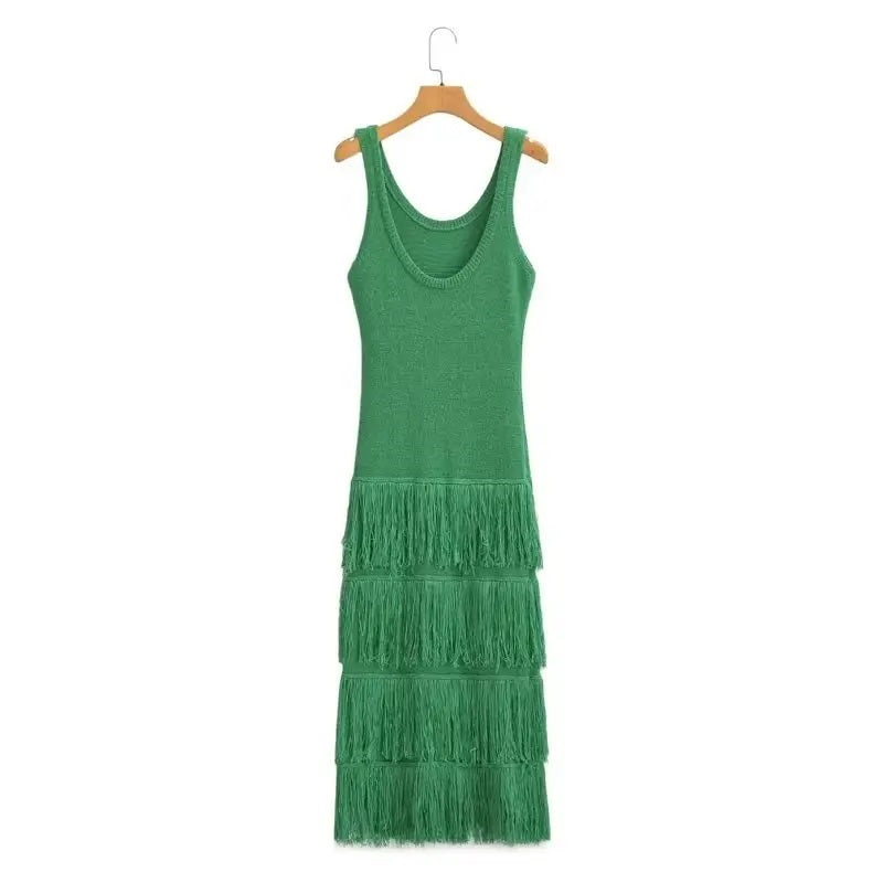 (PRE-ORDER: ETA OCTOBER 1) Rowella Green Round Neck Layer Fringe Knitted Top Sleeveless Midi Dress