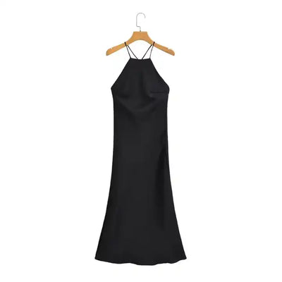 (PRE-ORDER: ETA August 5,2024)Freedom Black Satin Crisscross Sexy Back Side Zipper Sleeveless Maxi Dress