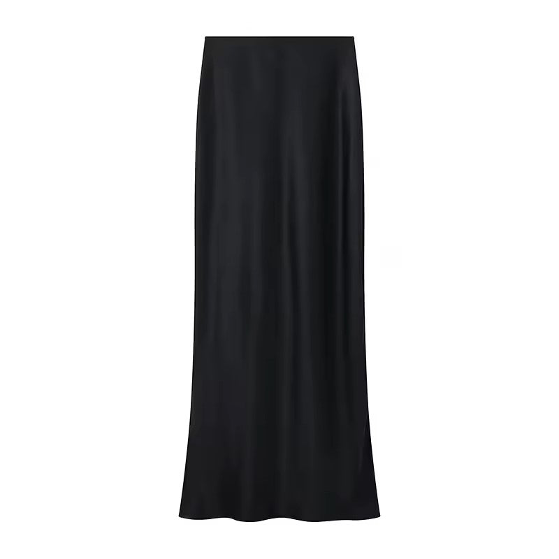 Alondrina Black Silky Zipper Fly Maxi Satin Skirt