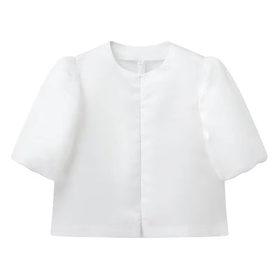 Afnan White Hook Up Cropped Shirt Round - Neck Short Puff Sleeve Top