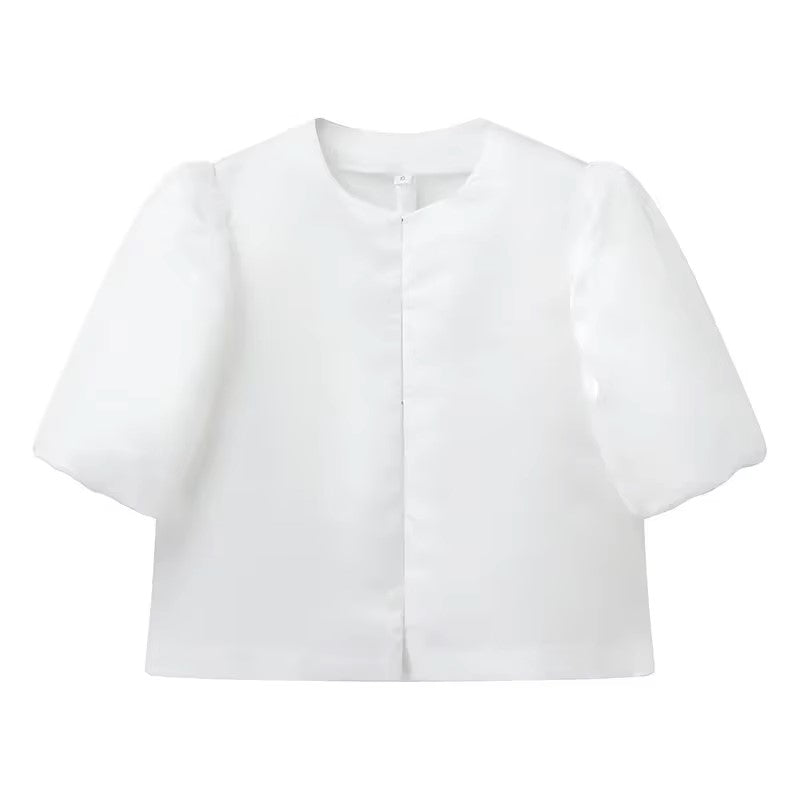 Afnan White Hook Up Cropped Shirt Round - Neck Short Puff Sleeve Top