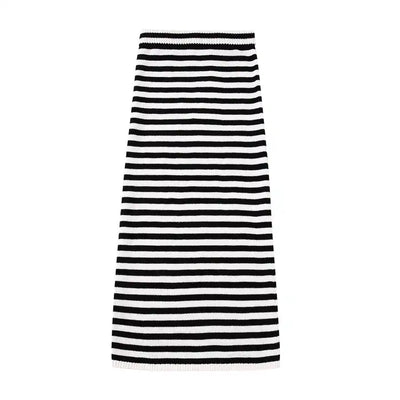 Libby Black and White Stripes Elastic Waist Knitted Midi Skirt