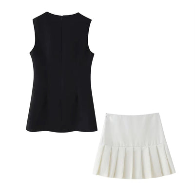 Mulberry Black Crew Neck Back Zipper Fly Top White Mini Pleated Skirt 2 Piece Set