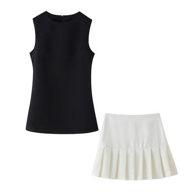 Mulberry Black Crew Neck Back Zipper Fly Top White Mini Pleated Skirt 2 Piece Set