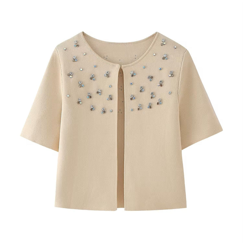 Ardith Beige Crew Neck Beading Short Sleeve Cardigan Top