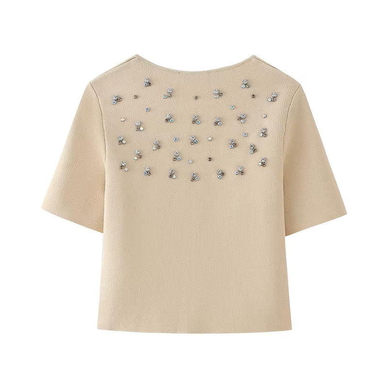 Ardith Beige Crew Neck Beading Short Sleeve Cardigan Top