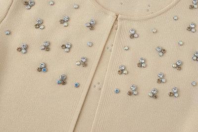 Ardith Beige Crew Neck Beading Short Sleeve Cardigan Top