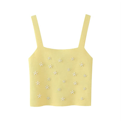 Sunshine Pastel Yellow Shoulder Strap Beading Knitted Tank Top