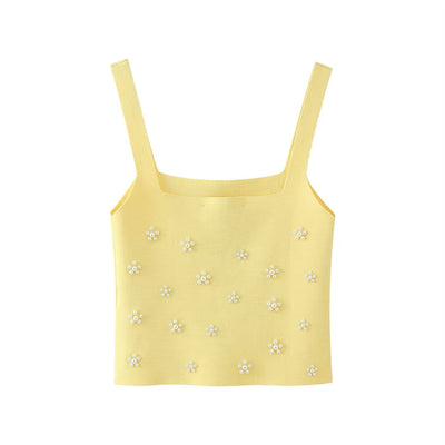 Sunshine Pastel Yellow Shoulder Strap Beading Knitted Tank Top