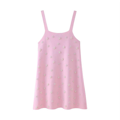 Shiloh Pink Beading Shoulder Strap Knitted Mini Dress