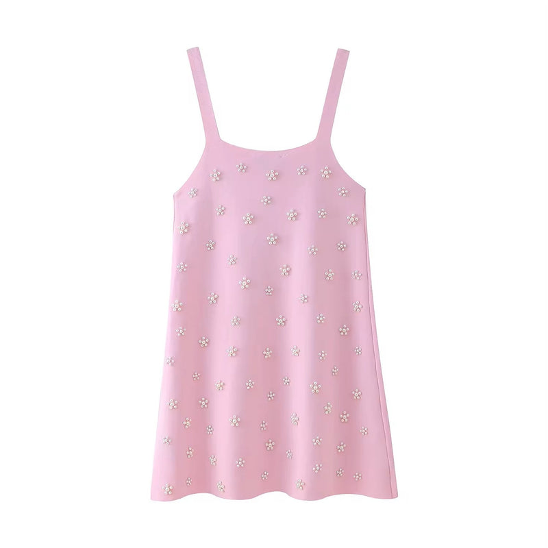 Shiloh Pink Beading Shoulder Strap Knitted Mini Dress