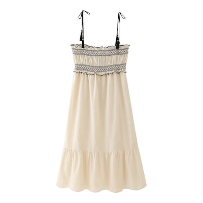 Sativa Beige Embroided Smocked Midi Dress