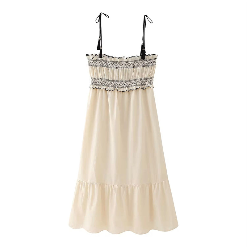 Sativa Beige Embroided Smocked Midi Dress