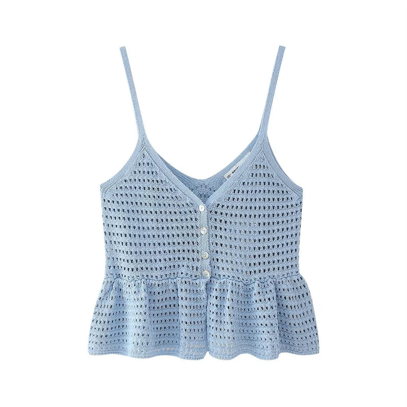 Topaz Powder Blue Buttons Up Eyelet Crop Tank Top