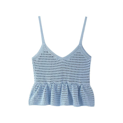 Topaz Powder Blue Buttons Up Eyelet Crop Tank Top